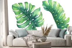 Naklejka: Zestaw dużych tropikalnych liści zielonych roślin monstera. malowane