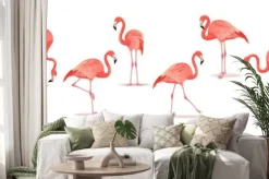 Naklejka: Zestaw egzotycznych flamingów na białym tle. ręcznie rysowane