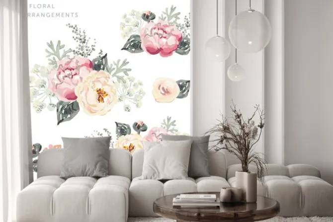 Naklejka: Zestaw kompozycji kwiatowych. różowe bukiet peony z szarego liści.