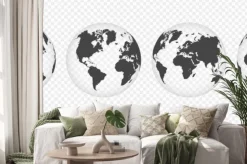 Naklejka: Zestaw przezroczystych kul ziemskich. realistyczna mapa świata