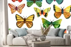 Naklejka: Zestaw wielu różnych motyli akwarela na białym tle