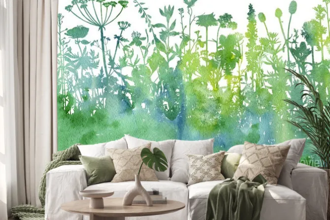 Naklejka: Zielona akwarela z roślinami