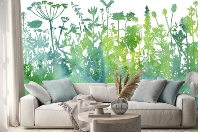 Naklejka: Zielona akwarela z roślinami