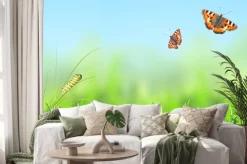 Naklejka: Zielona trawa, gąsienica i motyl