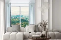 Naklejka: Zielone góry za otwartym oknem