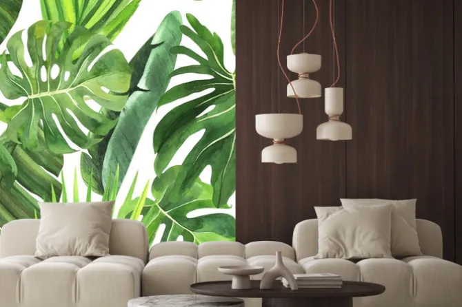 Naklejka: Zielone liście monstery i palmy malowane akwarelą