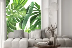 Naklejka: Zielone liście monstery i palmy malowane akwarelą