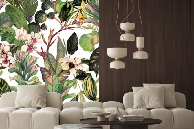 Naklejka: Zielone liście tropikalne i kwiaty na białym tle