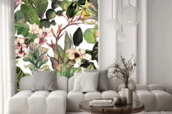 Naklejka: Zielone liście tropikalne i kwiaty na białym tle