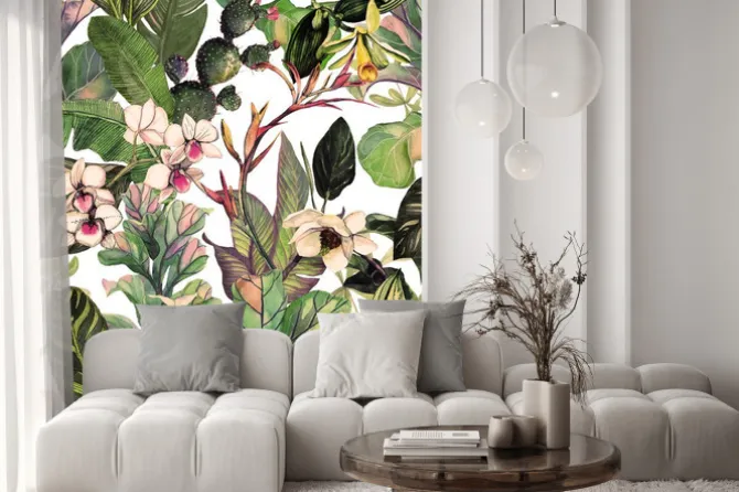 Naklejka: Zielone liście tropikalne i kwiaty na białym tle