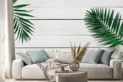 Naklejka: Zielone mieszkanie odkładają tropikalne palmowe gałąź na białym