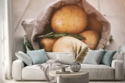 Naklejka: Ziemniaki dziecka w torbie worek z rozmarynem na stole drewna,