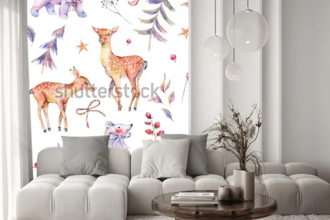 Naklejka: Zima akwarela vintage wzór z słodkie niedźwiedzie polarne, jelenie,