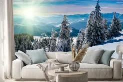 Naklejka: Zima panoramiczny krajobraz w górach. pokryte śniegiem drzewa