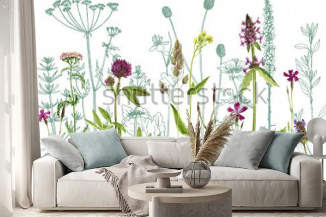 Naklejka: Zioła i rośliny polne z konturami w tle