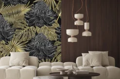 Naklejka: Złocisty wzór tropikalnych liści i kwiatów