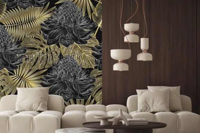 Naklejka: Złocisty wzór tropikalnych liści i kwiatów