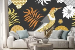 Naklejka: Złoty i srebrny kwiatowy wzór z ptakami w ogrodzie. styl minimalizmu.