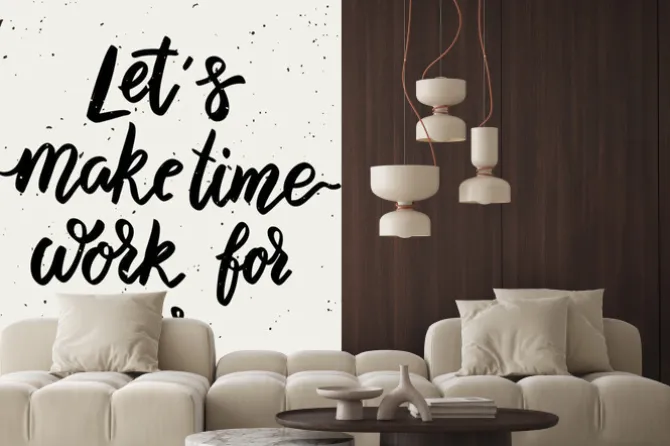 Naklejka: Zróbmy czas dla nas pracować. litera frazy na białym tle.