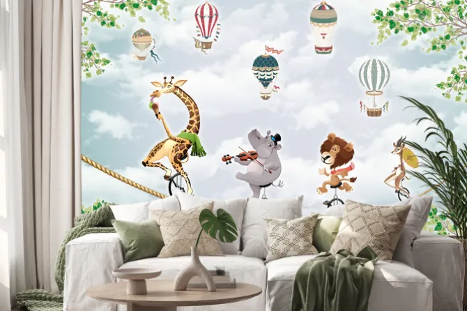 Naklejka: Zwierzęta z zoo na monocyklach jadące po linie