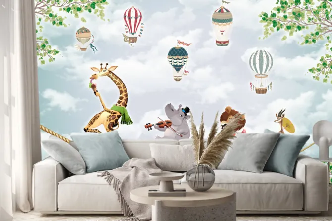 Naklejka: Zwierzęta z zoo na monocyklach jadące po linie