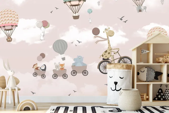 Naklejka: Zwierzątka w pojazdach i balony na tle różowego nieba