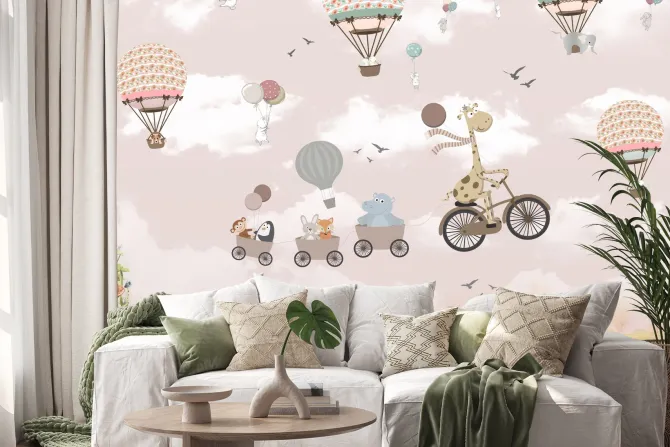 Naklejka: Zwierzątka w pojazdach i balony na tle różowego nieba