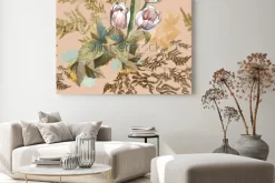 Obraz: 3 white tulips and grass watercolor on pink beige background