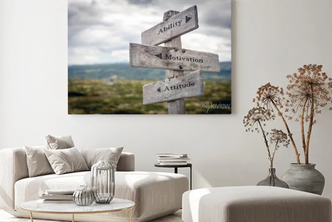 Obraz: Ability, motivation and attitude text on wooden sign post outdoors