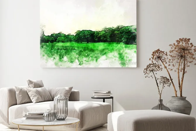 Obraz: Abstract colorful shape on tree and field landscape watercolor