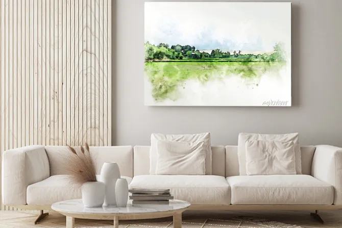 Obraz: Abstract colorful shape on tree and field landscape watercolor