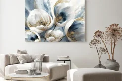 Obraz: Abstrakcja kwiatów w bieli złocie i odcieniach niebieskiego
