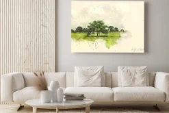Obraz: Abstrakcjonistyczny drzewa i pola krajobraz na akwarela obrazu