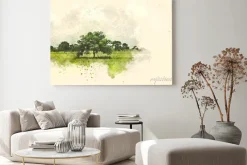 Obraz: Abstrakcjonistyczny drzewa i pola krajobraz na akwarela obrazu