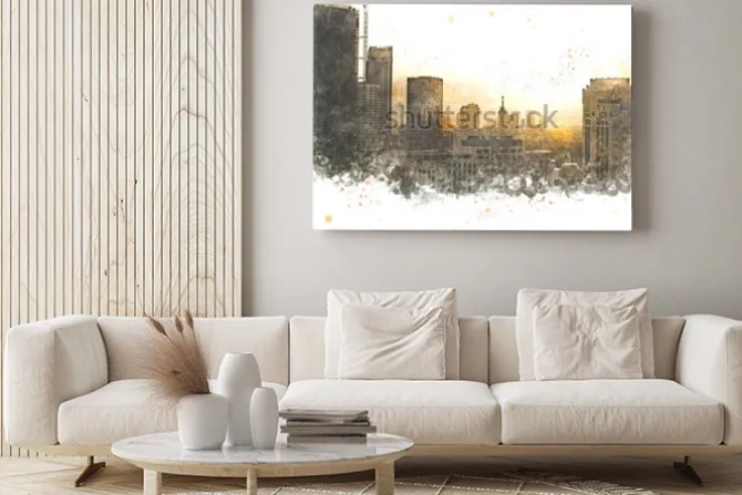 Obraz: Abstrakcjonistyczny budynek w mieście na akwarela obrazu tle.