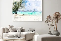 Obraz: Abstrakcjonistyczny kolorowy piękny pasmo górskie i woda morska