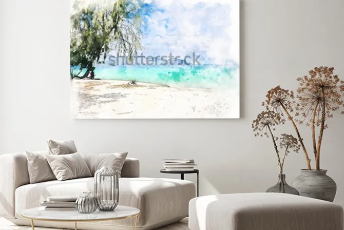 Obraz: Abstrakcjonistyczny kolorowy piękny pasmo górskie i woda morska