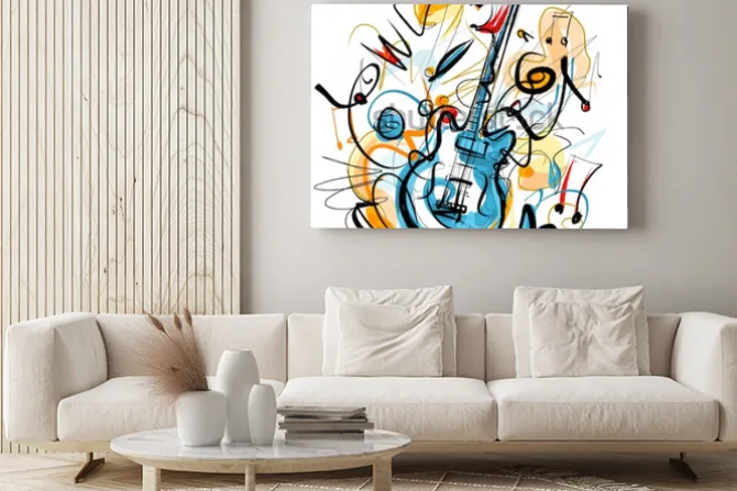 Obraz: Abstrakcyjna gitara w kolorowej kompozycji