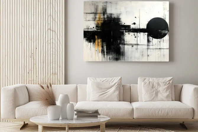 Obraz: Abstrakcyjna grafika z kontrastującymi elementami w kolorze czarnym