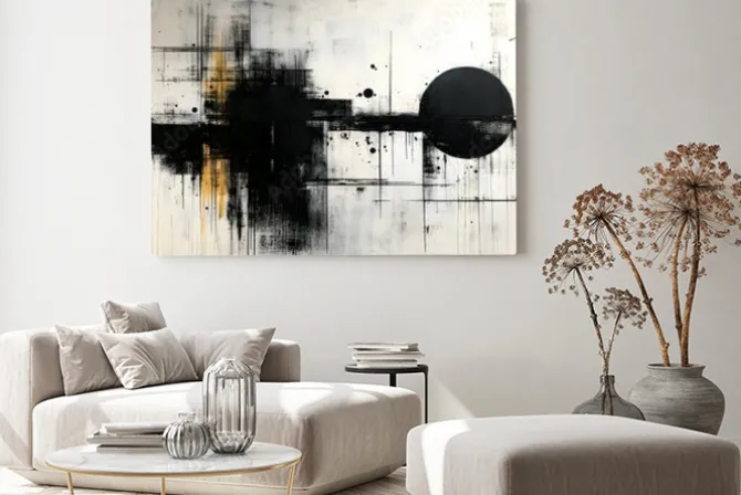 Obraz: Abstrakcyjna grafika z kontrastującymi elementami w kolorze czarnym