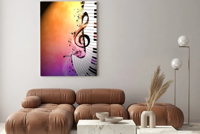 Obraz: Abstrakcyjna ilustracja z pianinem i nutami