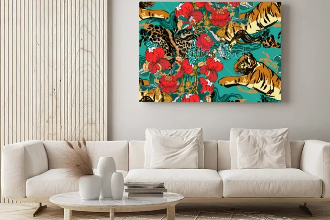 Obraz: Abstrakcyjna kompozycja z tygrysami i kwiatami
