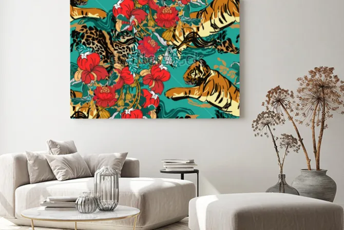 Obraz: Abstrakcyjna kompozycja z tygrysami i kwiatami