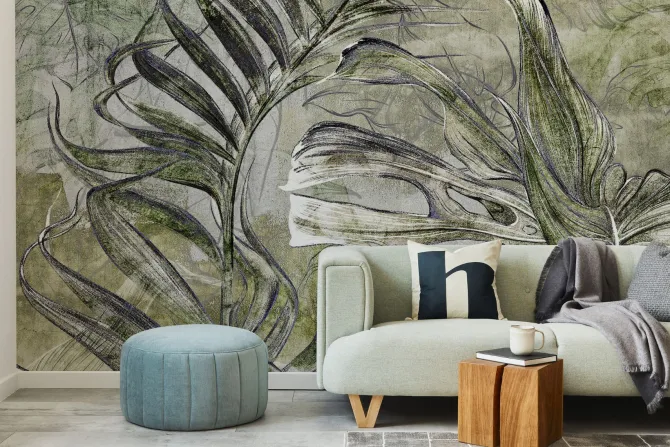 Obraz: Abstrakcyjne tropikalne liście na betonie