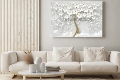 Obraz: Abstrakcyjne złotawe drzewo z białymi kwiatami i perłami