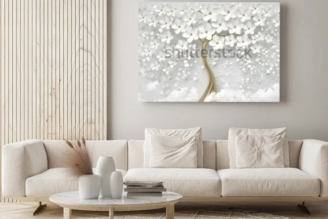 Obraz: Abstrakcyjne złotawe drzewo z białymi kwiatami i perłami