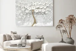 Obraz: Abstrakcyjne złotawe drzewo z białymi kwiatami i perłami
