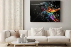 Obraz: Abstrakcyjny kolorowy ptak koliber na czarnym tle