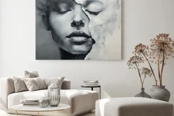 Obraz: Abstrakcyjny portret w szarości twarz kobiety
