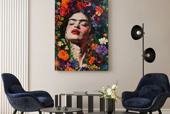 Obraz: Abstrakcyjny portret kobiety z kwiatami na głowie